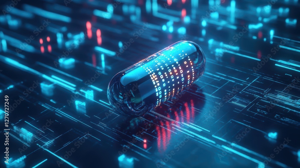 Poster futuristic device emitting glowing blue light in a modern technology setting with sleek design eleme