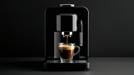 Hot coffee flow to a cup on espresso machine, minimal style, Dark Dramatic Lighting.
