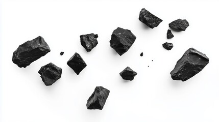 Naklejka premium Flying falling black rocks isolated on white background