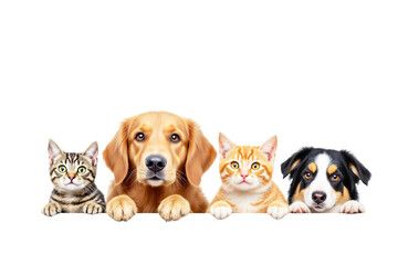Adorable cats and dogs curiously peeking over a surface, isolated on a white background. Perfect for pet-related designs and concepts. Ai generative