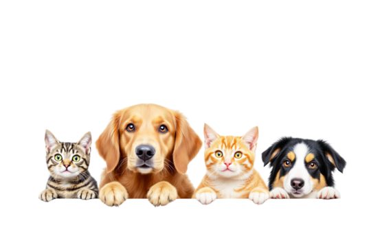 Adorable cats and dogs curiously peeking over a surface, isolated on a white background. Perfect for pet-related designs and concepts. Ai generative
