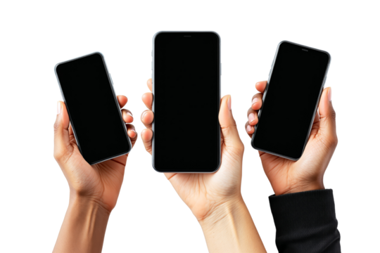 Three hands holding modern smartphones with blankscreens, isolated on a white background. Concept of technology, communication, and advertising. Ai generative