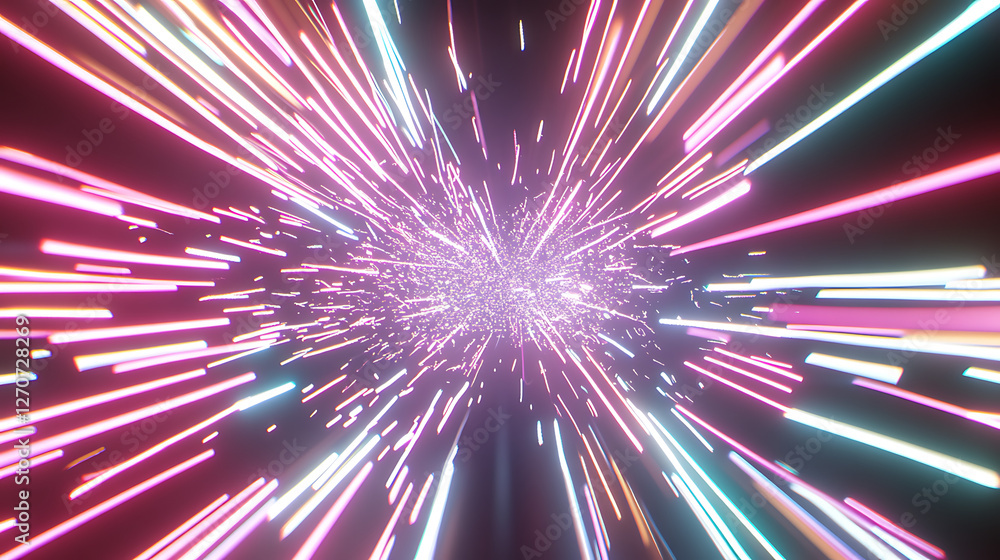 Poster hyperspace light speed tunnel effect with neon streaks abstract background image for technology and 