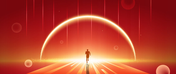 Running towards the future with a shining red background