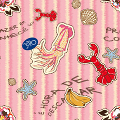 Retro Hawaii Animal Sea-life Vector illustration Seamless Pattern On Stripe Background Wallpaper