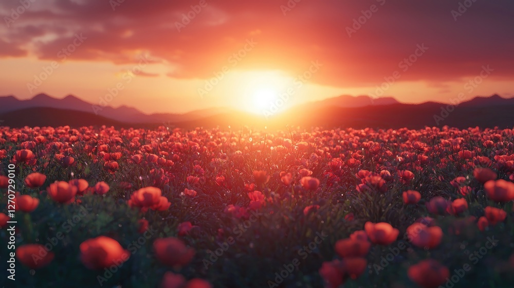 Poster sunset over a field of red poppies with mountains in the background