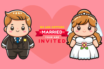 Wedding invitation card the bride and groom cute, Bride and groom standing on the wedding dress Bride holding flowers , We are getting married template card, Vector illustrator