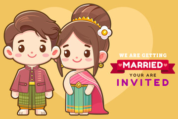 Wedding invitation card, cute bride and groom wearing Thai clothes, bride and groom standing on traditional northern Thai wedding clothes. We are getting married card template Vector illustrator