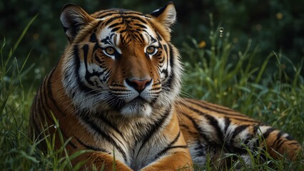 Fototapeta premium A hyper-realistic digital portrait of a Bengal tiger resting in tall grass, with dewdrops glistening on its fur.