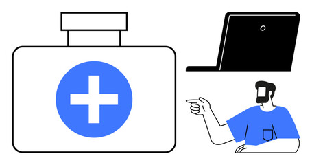 Obraz premium First aid kit with blue cross, laptop, person pointing in blue shirt. Ideal for telemedicine, online consultation, healthcare services, remote diagnosis, virtual assistance, digital health medical