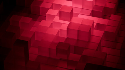 Futuristic Tech Wallpaper with Neatly Constructed Translucent Blocks. Hot Pink and Red, 3D Render.