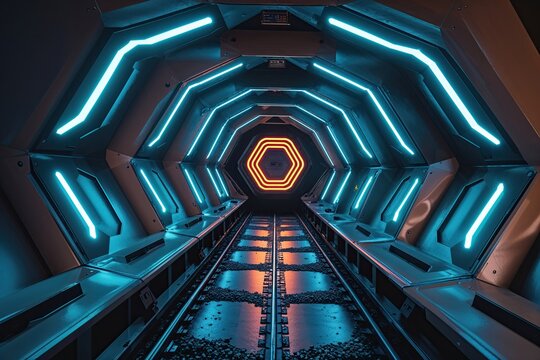Futuristic Dodecagon Corridor with Flickering Neon Window and Hidden Underground Track