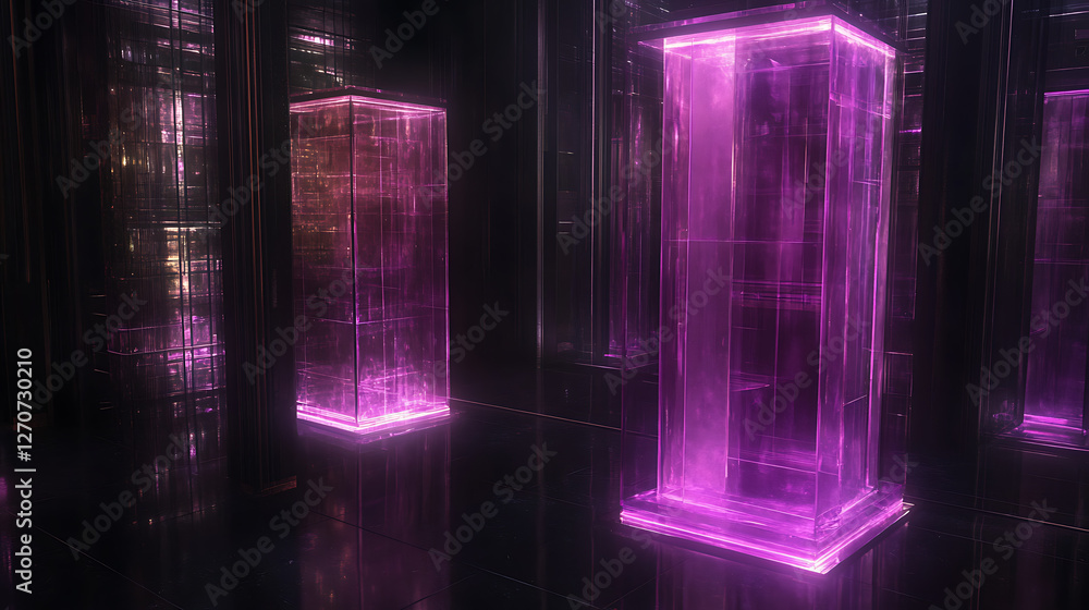 Poster illuminated crystal columns in geometric arrangement abstract sci-fi structure display