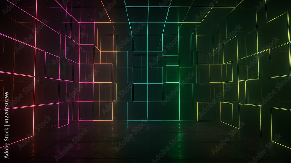 Poster illuminated cubes forming an enigmatic structure radiating color spectrum light effects and modern d