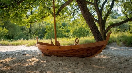 Wooden Boat Under Shady Tree on Sandy Beach