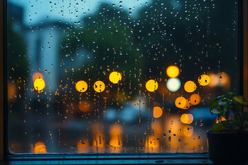 Fototapeta premium Raindrops sliding down windowpane create a cozy atmosphere indoors by distorting view