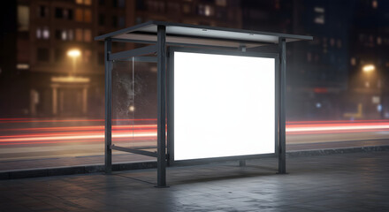 Clean blank billboard poster bus shelter glass side panel soft light photorealistic detail