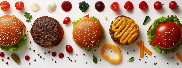 Celebrating Burger Day with a minimalistic display of vibrant toppings and condiments on a white backdrop