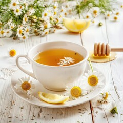 Green Herbal tea with aromatic enhancements on a light wooden background.