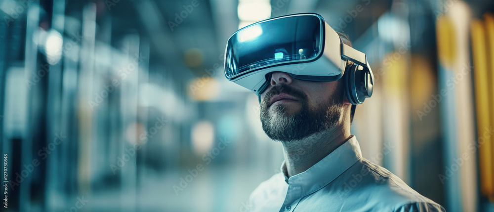 Poster engineer immersed in virtual reality explores cutting-edge technology in a captivating industrial se