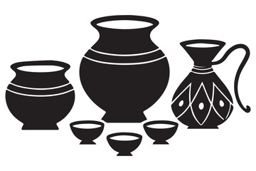 Traditional Black Pottery Still Life Silhouette with Cups and Jugs Art