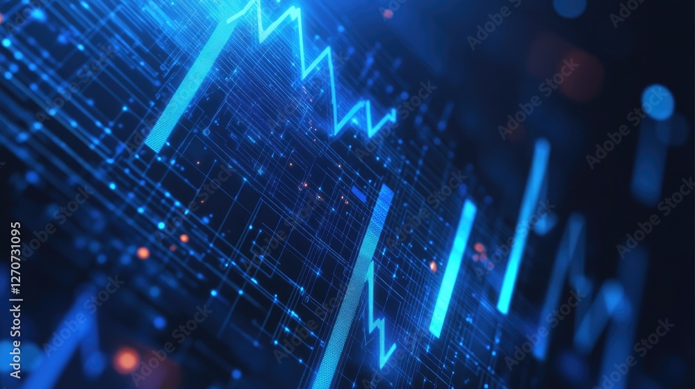 Poster abstract digital visualization of financial data. neon blue graphs on a circuit board background