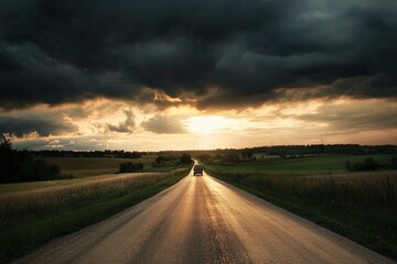 Truck driving on the asphalt road in rural landscape