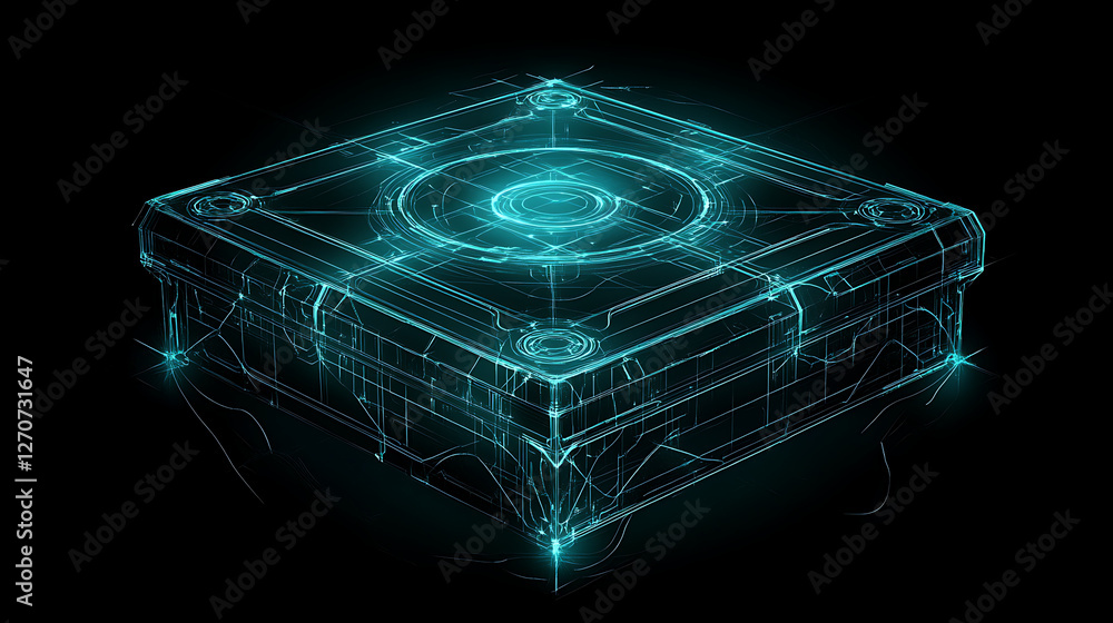 Poster illuminated holographic container visualization futuristic square box glowing tech design
