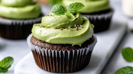 Delicious chocolate cupcake with green matcha frosting and mint garnish. National Pistachio Day. National Cupcake Day