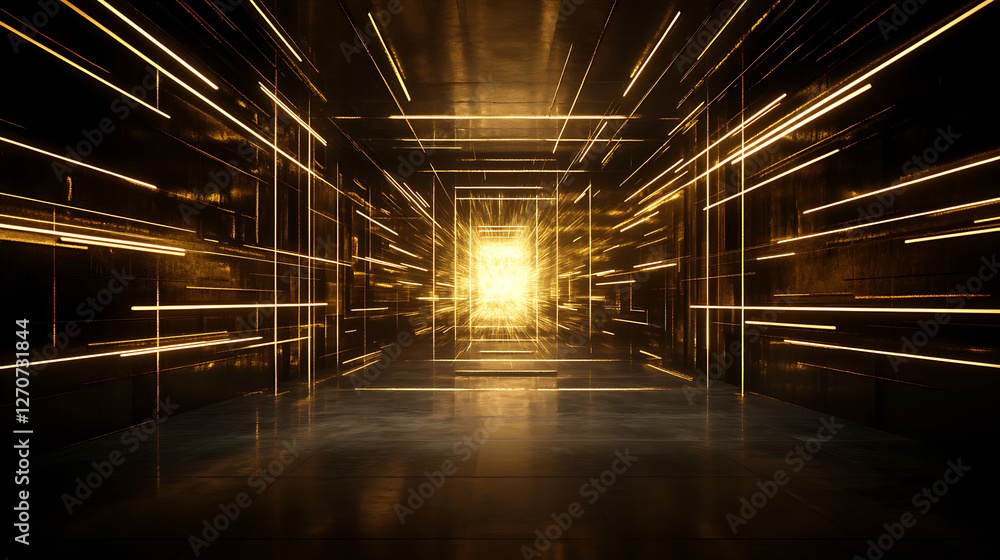 Poster illuminated infinite corridor with futuristic sci-fi design and bright light at the end