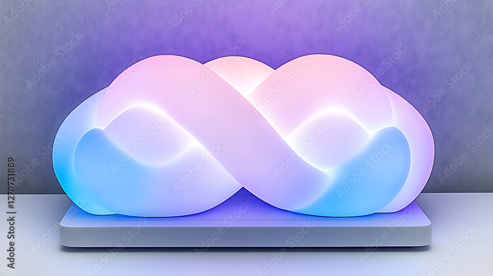Poster illuminated infinity cloud sculpture on display with gradient lighting and soft focus background
