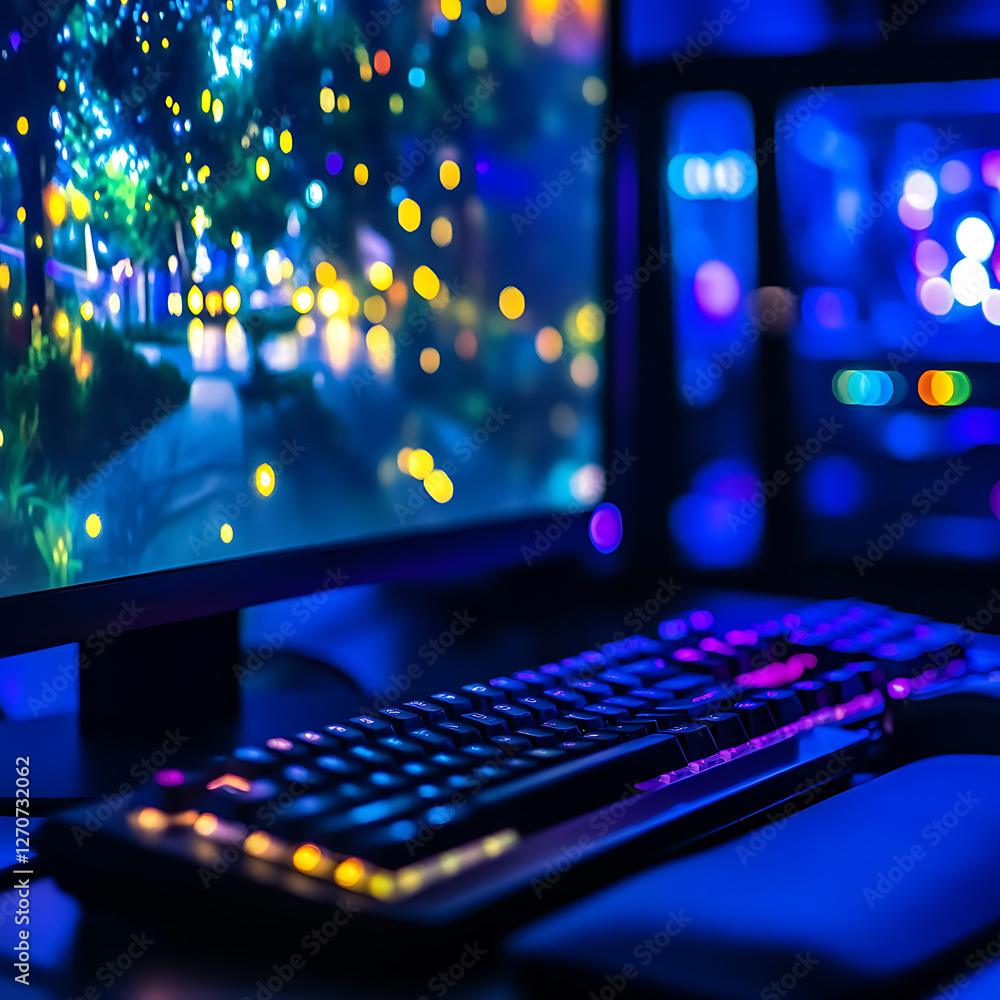 Poster illuminated keyboard and computer screen displaying bokeh lights ambiance in dark room setting
