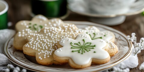 Decorative flower-shaped cookies on elegant plate with green and white icing
