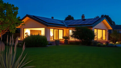 Fototapeta premium Cozy Suburban House at Dusk with Warm Indoor Lighting, Creating a Serene and Comfortable Home Environment with Beautiful Exterior Design