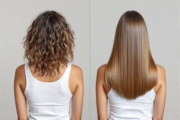 Fototapeta premium Side-by-side view of wavy and straight hair on a woman wearing a white tank top, set against a clean light background. Concept of hairstyle transformation. Ai generative.