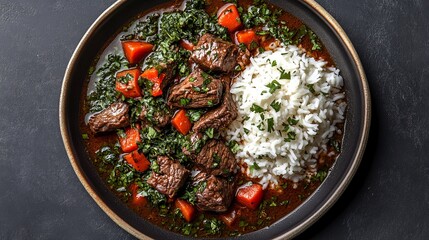 A plate of beef stew with rice and herbs, showcasing a hearty meal.