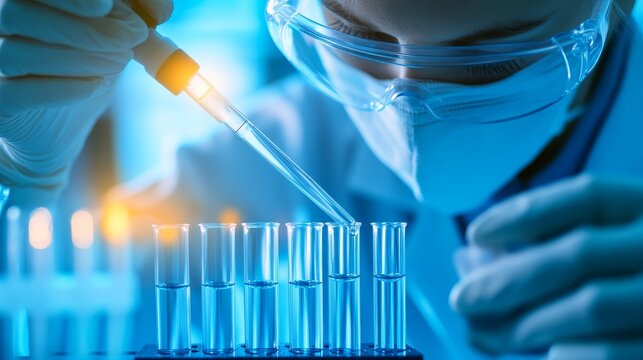 Scientist carefully pipetting liquid into test tubes in a laboratory setting with glowing background