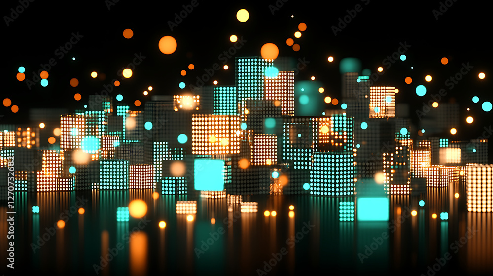 Poster illuminated pixel block cityscape with bokeh effect against dark backdrop for future concepts