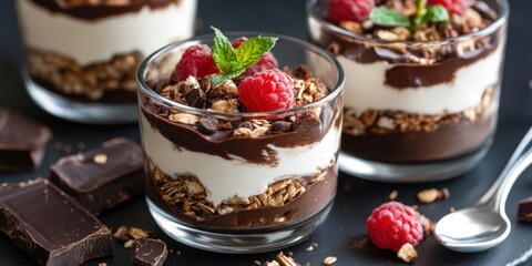 Delicious chocolate and raspberry parfait with granola in glasses. Chocolate Granola
