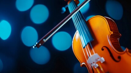 Fototapeta premium Close-up of a vibrant orange violin with a bow against a blurred blue bokeh background