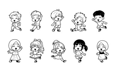 Happy kids character outline vector illustration set