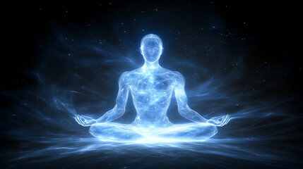 Illuminated Serenity Figure in Lotus Position Against a Starry Cosmic Backdrop of Deep Meditation
