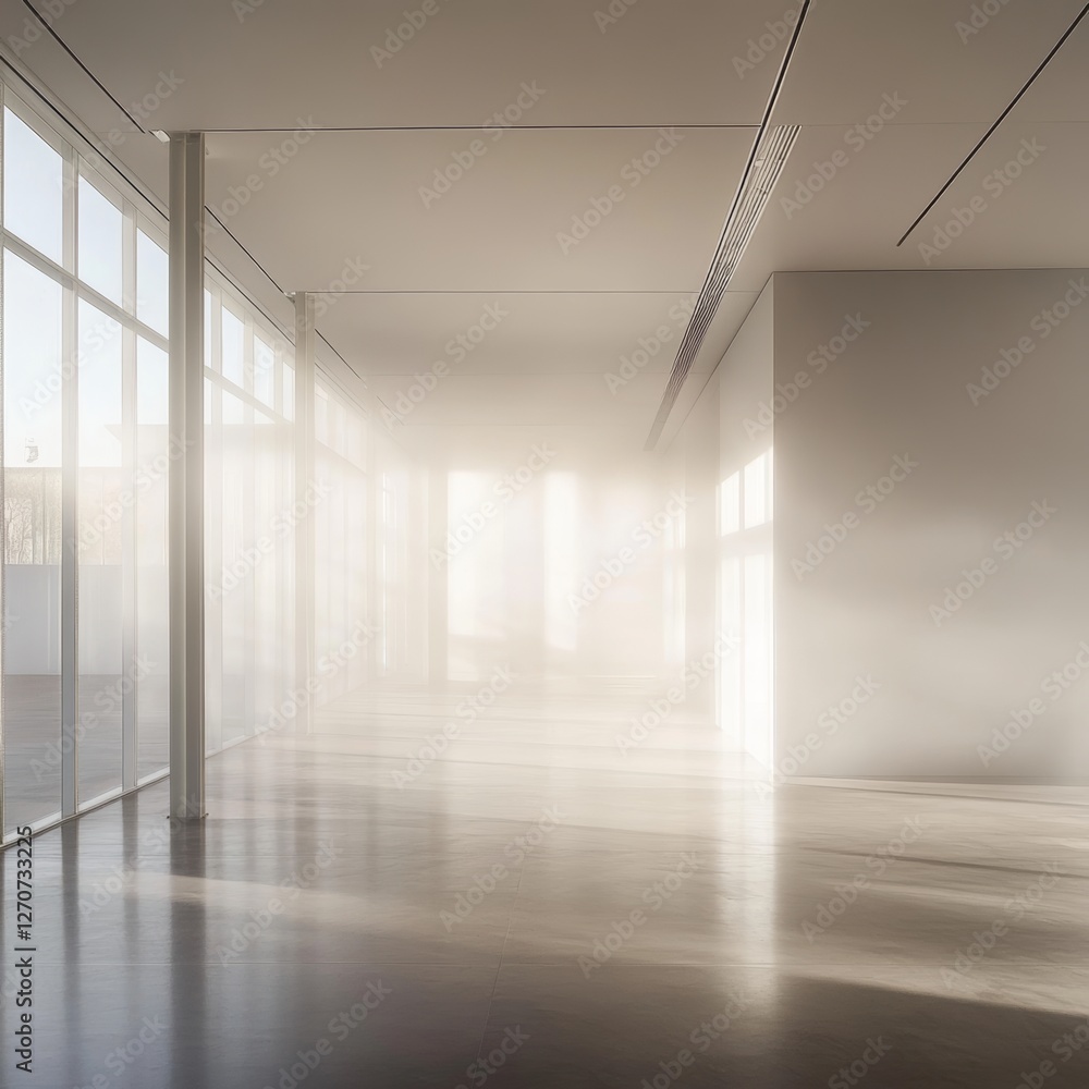 Poster empty modern office space with large windows and sunlight streaming in.