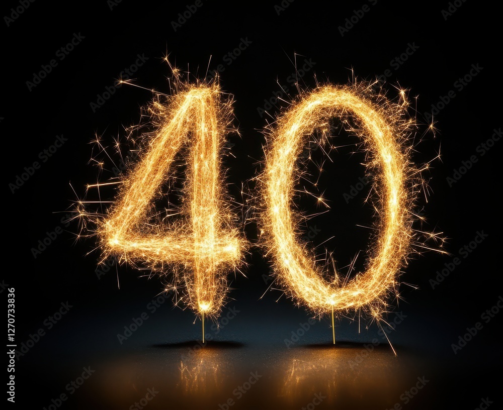 Poster sparkling number 40 created with sparklers on a dark background for celebratory events and milestone