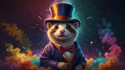 A cartoon-style illustration of a mischievous ferret popping out of a magician's hat, surrounded by sparkles and colorful smoke.
