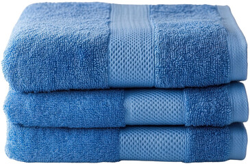 Stacked soft blue towels, white background