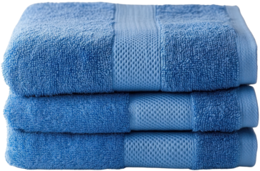 Stacked soft blue towels, white background