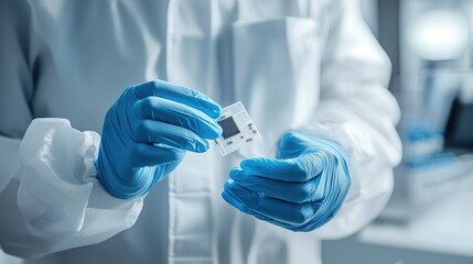 Scientist Examining Microchip in Cleanroom Environment