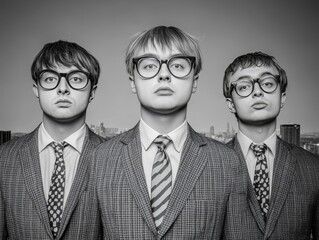 Three young men stand in matching checkered suits and oversized glasses, exuding a retro vibe. Their serious expressions and city backdrop enhance the cool, vintage aesthetic of the portrait.