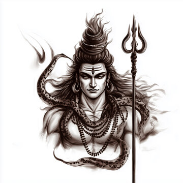 A digital painting depicts a figure believed to represent Lord Shiva, adorned with traditional jewelry and holding a trident. He stands amidst a swirling, cosmic background composed of colorful nebula